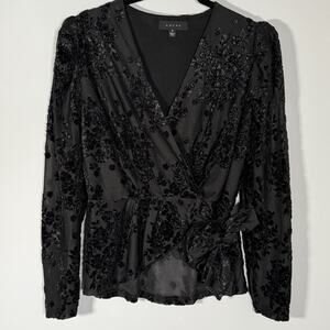 Black Velvet Burnout Floral Wrap Top Sheer Party Date Night Blouse S